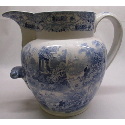 2179 - Large Victorian Staffordshire water jug, blue and white transfer printed with extensive garden lands... 