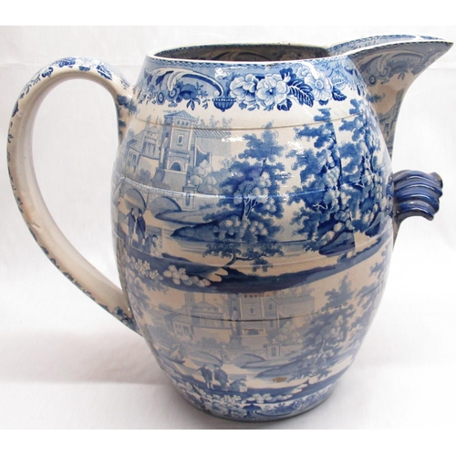 2178 - Large Victorian Staffordshire water jug, barrel shaped body blue and white transfer printed with ext... 