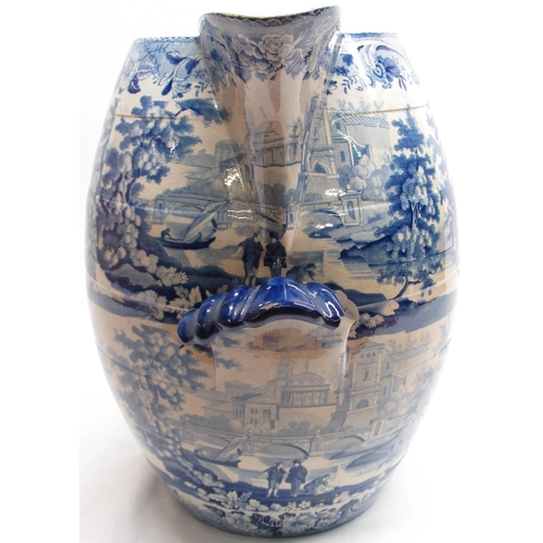 2178 - Large Victorian Staffordshire water jug, barrel shaped body blue and white transfer printed with ext... 