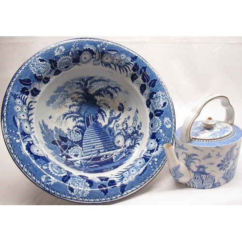 2180 - Victorian Staffordshire wash bowl, blue and white transfer printed with Bee Catcher pattern within f... 