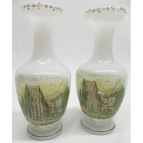 2174 - Pair of C19th Richardson opaline glass vases, bottle shaped bodies enamel decorated with a views of ... 