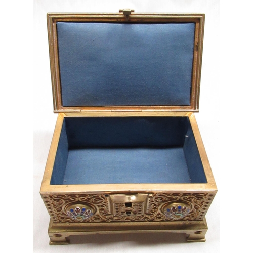 2131 - Victorian gilt brass rectangular jewellery casket, all over relief decorated with scrollwork and col... 