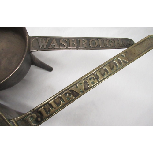 2358 - Brass saucepan, on three short supports, handle marked P. Llewellin L50cm, similar brass pan stamped... 