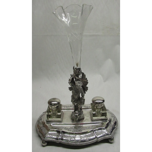 2176 - Victorian EPNS ink stand, oval base with gadrooned border and central cast figure of a knight slayin... 