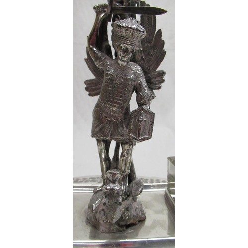 2176 - Victorian EPNS ink stand, oval base with gadrooned border and central cast figure of a knight slayin... 