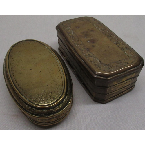 2132 - Early C19th Dutch brass oval tobacco box, engraved with rural figures and text, with hinged lid W13.... 