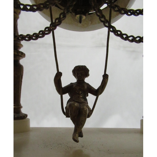 2138 - C19th French gilt metal mounted alabaster portico clock, drum movement with child in swing pendulum,... 