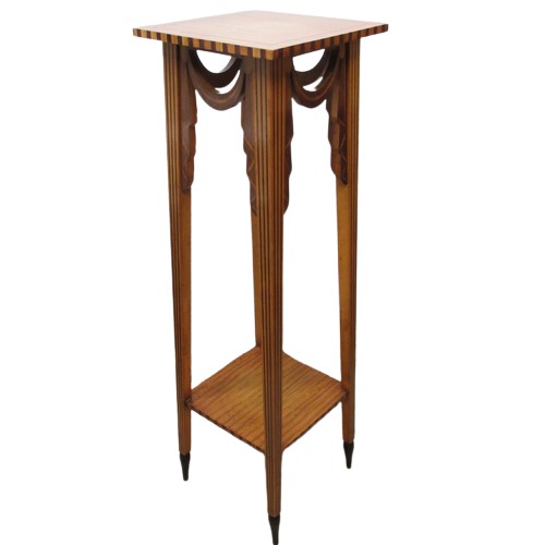 2337 - Edwardian inlaid satinwood two-tier jardinière stand, square top with swag drapery frieze, on square... 