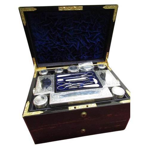 2079 - Victorian Asprey & Son brass bound coromandel Vanity box, fitted interior with ten silver hallmarked... 