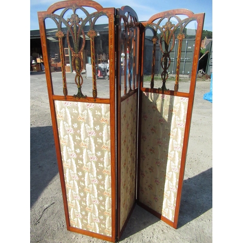 2334 - Edwardian satinwood two fold screen, three arched panels with glazed upper portion, painted in Shera... 