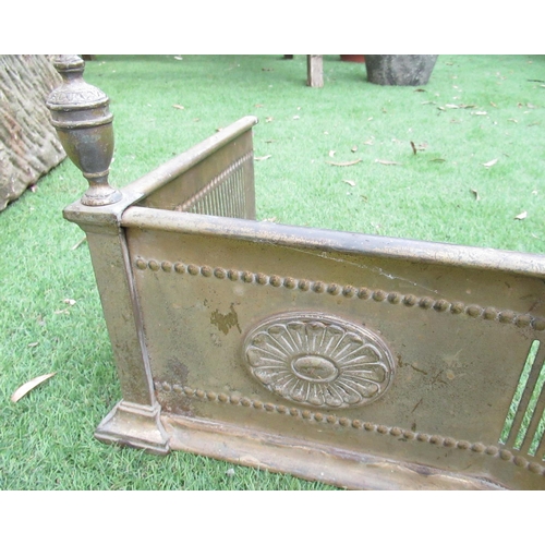 2361 - Edwardian Adam style brass serpentine fender, pierced and reset dished front with urn finials W150cm... 