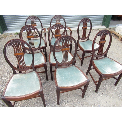 2330 - Set of eight (6+2) Hepplewhite style mahogany dining chairs, oval pierced backs with satinwood inlai... 