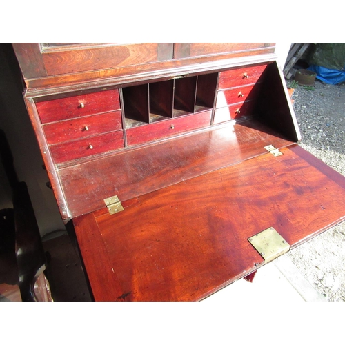 2307 - Geo. III red walnut/mahogany bureau bookcase, dentil cornice and fielded panel doors above a fall fr... 