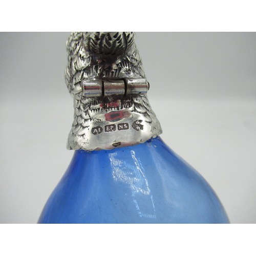 2175 - Edwardian blue glass decanter in the form of a parrot, EPNS opening head and neck with glass eyes, n... 