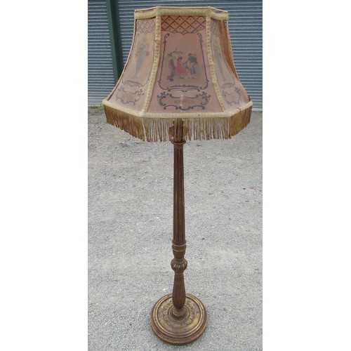 2335 - C20th Geo. III style gilt wood standard lamp, fluted column on lotus and ring carved base on ball fe... 