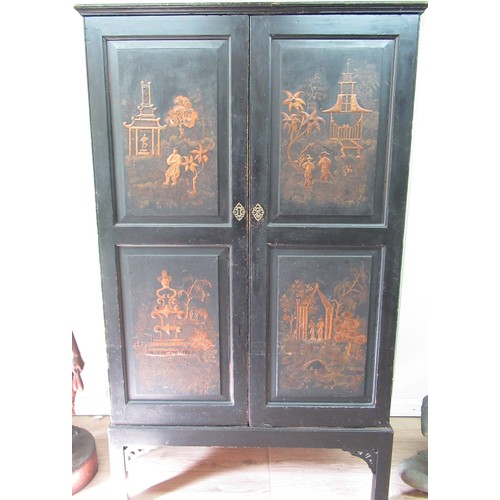 2321 - Early C20th black linen press, the two doors each with two C19th chinoiserie panels decorated with f... 