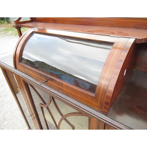 2349 - Edwardian Sheraton style mirror back side cabinet with stepped arch top and bevelled plate above a c... 