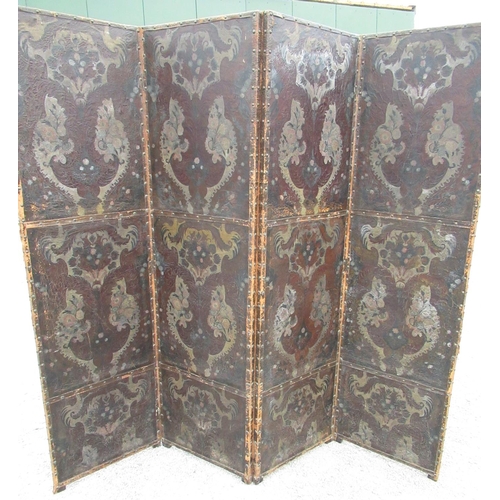 2354 - Victorian three fold screen, the four brass nailed panels painted with renaissance scroll work, pane... 