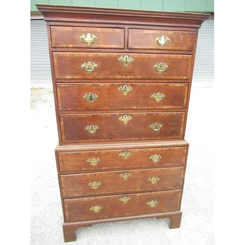 2356 - Geo. III mahogany cross banded oak chest on chest, with molded cornice above 2 short and 3 long draw... 