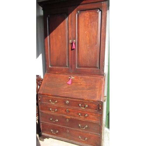 2307 - Geo. III red walnut/mahogany bureau bookcase, dentil cornice and fielded panel doors above a fall fr... 