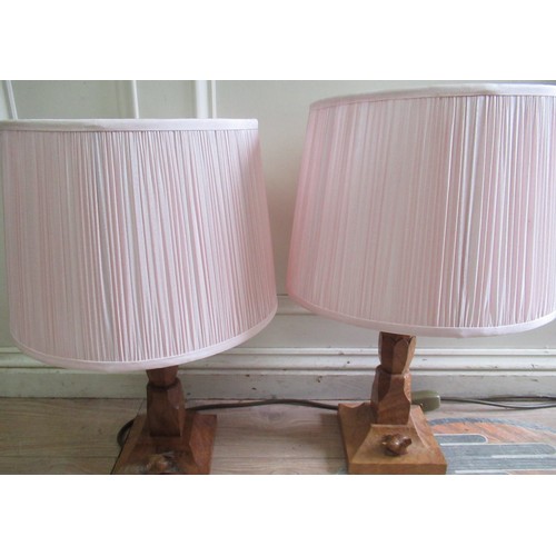 2066 - Bob Wrenman Hunter - a pair of oak table lamps, burr octagonal columns on square tapering bases, car... 