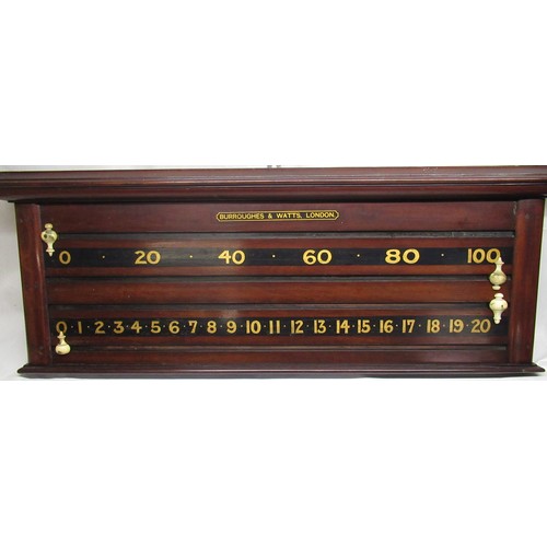 2355 - Burroughes & Watts, London mahogany snooker score board, W109cm H40cm