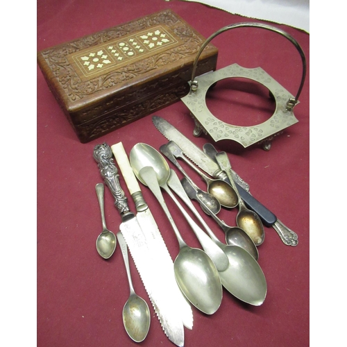 170 - Chinese style wooden box with a small selection of silver plated cutlery including: carving knives, ... 