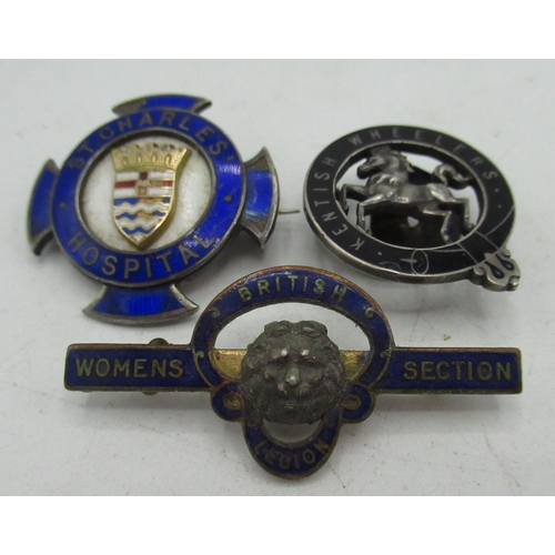 169 - Geo.V Kentish Wheelers silver and black enamel lapel pin Birmingham 1921, Geo.V St Charles hospital ... 