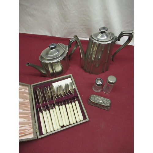 165 - Georgian style Walker and Hall pewter coffee pot and a matching tea pot, small crystal rectangular p... 