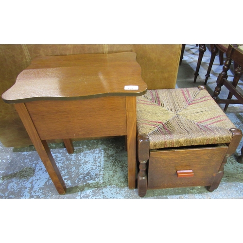 128 - Oak sewing box with lift up top and a string top stool with drawer to the base (2)