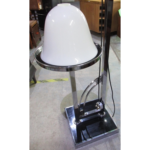 136 - Art Deco chrome and ebonized floor lamp and table with opaque glass uplifter shade H165cm approx