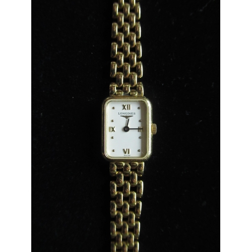 49 - Ladies Longines 18K quartz wristwatch rectangular gold case on tapering tear drop bracelet stamped 7... 