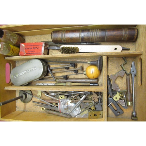558 - Vintage watchmaking tools, including files, long cased clock escapements, blanks, watchmakers brooch... 