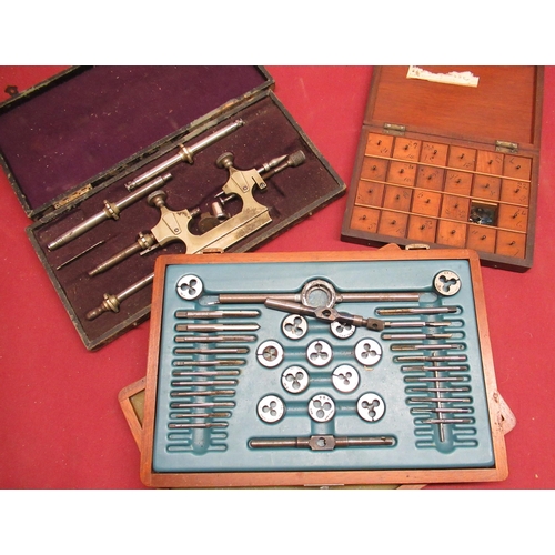 560 - C S cased Jacot Tool, cased BA tap and die set and turn of the century mahogany box with divided int... 