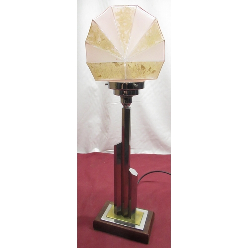 59 - Art Deco chrome plated table lamp, three section hexagonal column with pink frosted glass shade H57c... 
