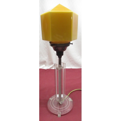 64 - Art Deco style perspex table lamp, central plated column on circular base with umber glass hexagonal... 