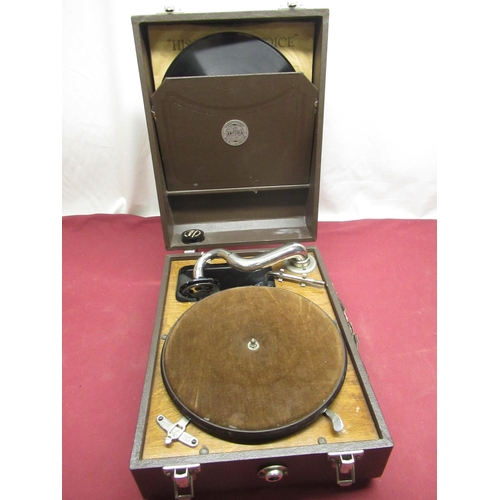 68 - 1930's Antoria wind up portable gramophone player in brown leatherette case. REG no 4901089