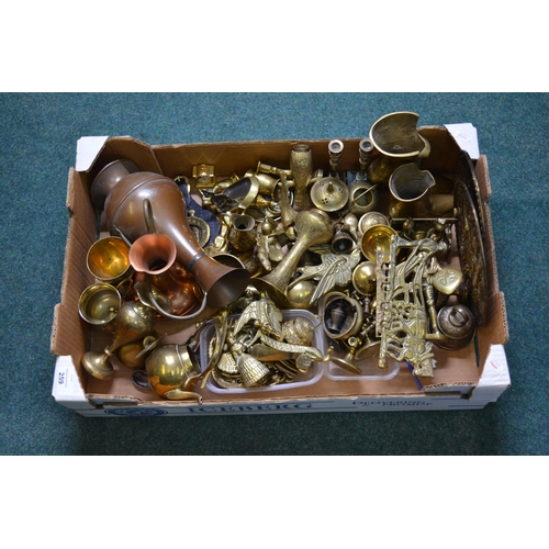 259 - Box contains a large collection of brassware, including teapot, candle sticks, a ploughman key hange... 