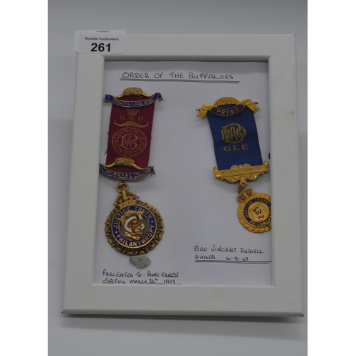 261 - Framed and mounted silver gilt 1913 coronation Order of the Buffalo medal and another similar (2)