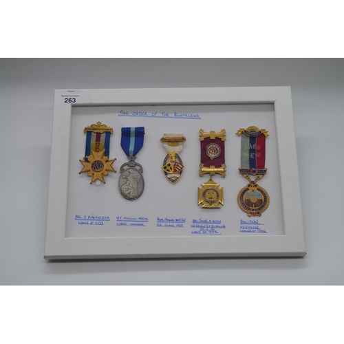 263 - Framed and mounted display of five Order of the Buffalos Lodge medals including Royal Masonic Instit... 