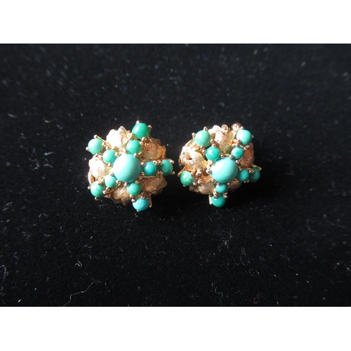 28 - Pair of 15ct gold and turquoise circular star/clip on earrings (1 missing stone) 8.3g