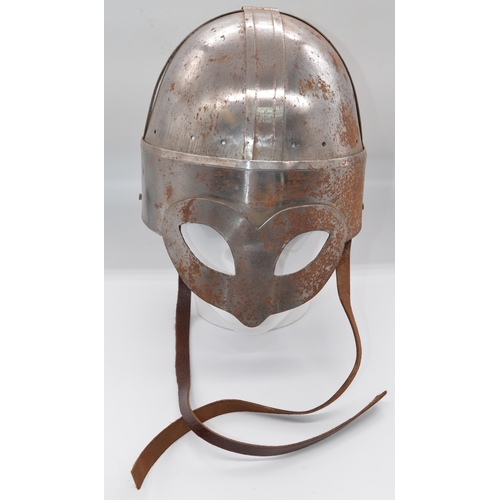 204 - Re-enactor style steel helmet, leather jerkin masco cord and sword