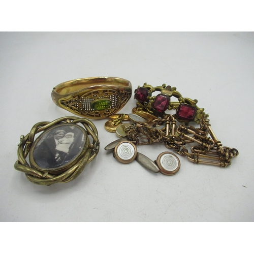 218 - Collection of Victorian and later gold plated jewellery including a bangle bracelet, watch chain, sw... 