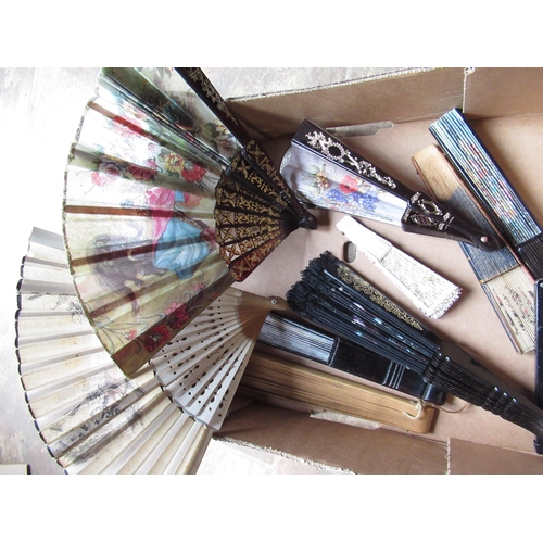 227 - Collection of 10 vintage painted and other fans and a jewellery box containing a small quantity of c... 