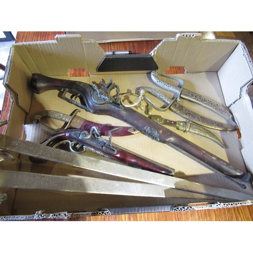 241 - 2 replica Spanish swords, 4 replica Indian daggers and 2 replica flintlock pistols (8)