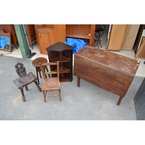 188 - C19th mahogany drop leaf gate leg table, small carved three leg stool, child's bedroom chair, occasi... 