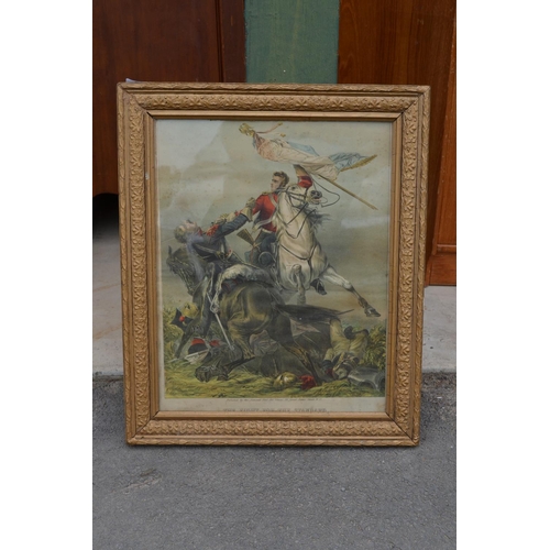 201 - Framed and mounted Victorian military print The Fight for the Standard and two Lady Butler prints