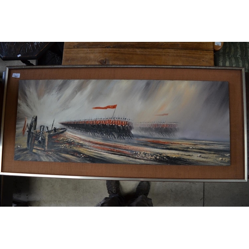 202 - Framed and mounted oil on board painting by Robert Powell depicting red coated cavalry