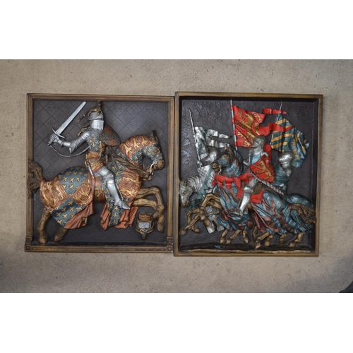 203 - Selection of various medieval style plaques depicting knights , suits of armor, prints etc