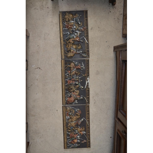 203 - Selection of various medieval style plaques depicting knights , suits of armor, prints etc